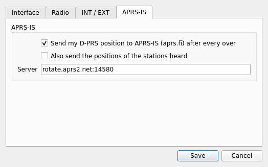 Settings, APRS-IS tab