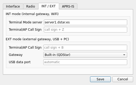 Settings, INT / EXT tab
