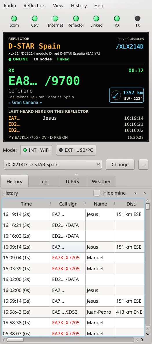 QDStar on XLX214 D receiving a station from Gran Canaria, with the History view open