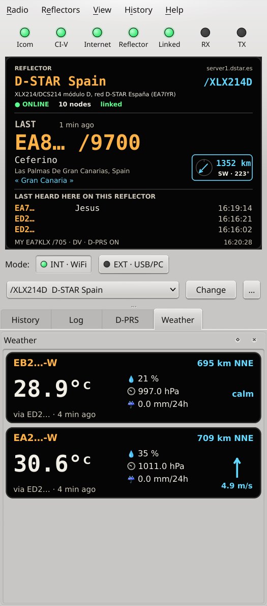 QDStar on XLX214 D with the Weather view showing two D-PRS weather stations